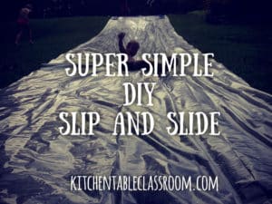 Super Simple DIY Slip and Slide- Enter my plans for a giant DIY slip and slide somewhere on our hilly acreage. I pinterested the crap out of slip and slide DIY plans. Most involved an assortment of pool noodles, gorilla tape, a 2x4 at the top, and tent stakes that look like a precursor to an ER visit. The plans that looked the least offensive/expensive I emailed to my husband. Ummm, no, not doing that. But he came home early and pulled together a slip and slide that was easier, safer, and has fewer parts (Only three parts!) than any we saw online. I was impressed!