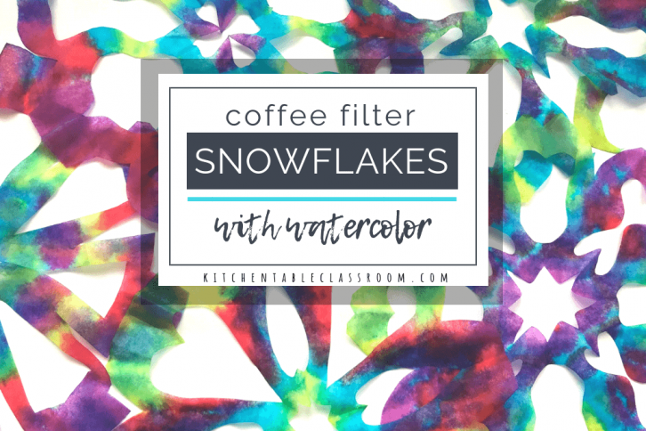 These colorful watercolor snowflakes are cut from coffee filters! Coffee filter snowflakes are easy for little hands to cut & perfect for celebrating winter