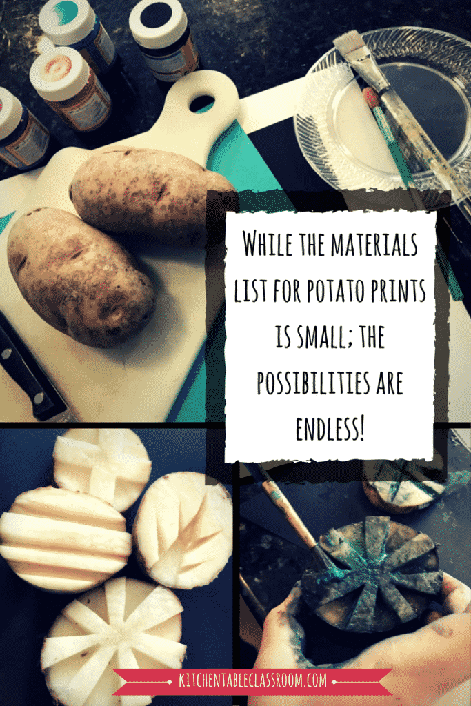 Printmaking is hands down my favorite art activity. Bonus~ no drawing ability required! It can be as simple as these potato prints; carve, paint, and print!