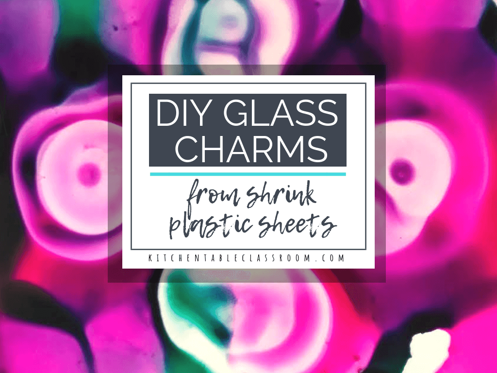Use shrink plastic sheets to make flashy DIY jewelry charms. These charms may look like fused glass but they're really super child friendly shrink art!