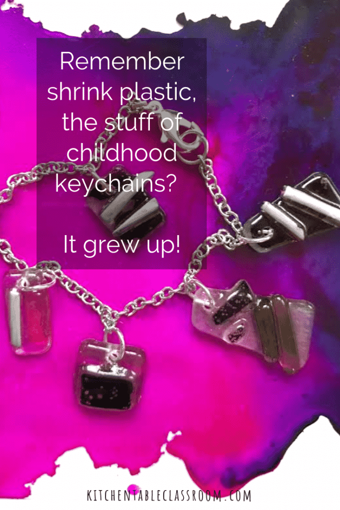 Use shrink plastic sheets to make flashy DIY jewelry charms. These charms may look like fused glass but they're really super child friendly shrink art!