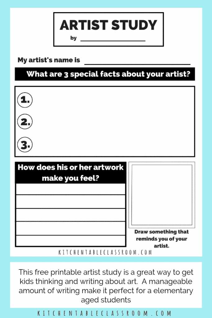 Studying great artists is an easy way to connect art vocabulary, art history, & personal connections to artwork. Get your free artist study worksheets!