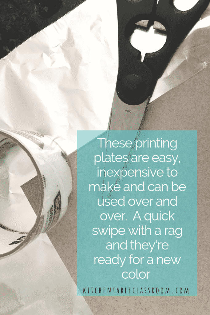 This foil pritntmaking method produces monoprints but the foil printing plate can be used over and over.  Foil prints are a great experience for any age!