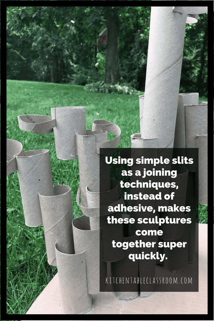 Free art experiences are hard to beat. Using toilet paper cardboard tubes to create a recycled sculpture is a fun and easy way to learn about building up.