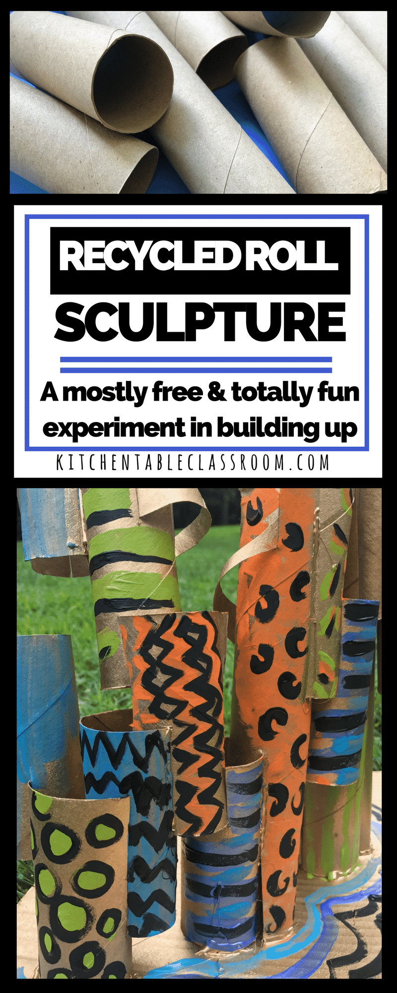 Free art experiences are hard to beat. Using toilet paper cardboard tubes to create a recycled sculpture is a fun and easy way to learn about building up.
