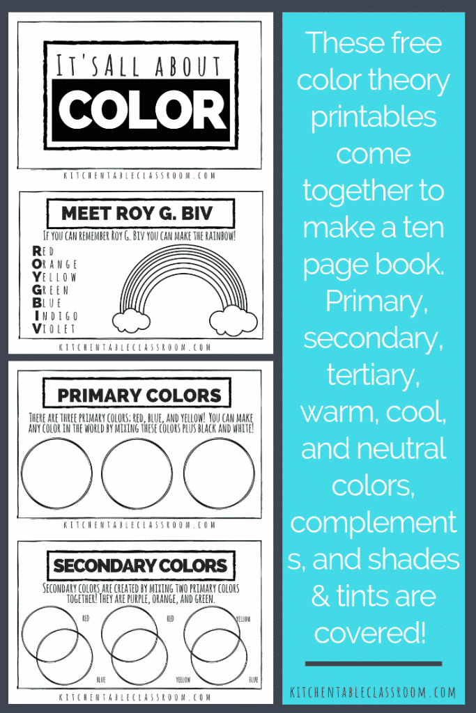 Use this printable color theory for kids book to teach the concepts of primary, secondary, tertiary, warm & cool colors, neutral colors, value, and more!
