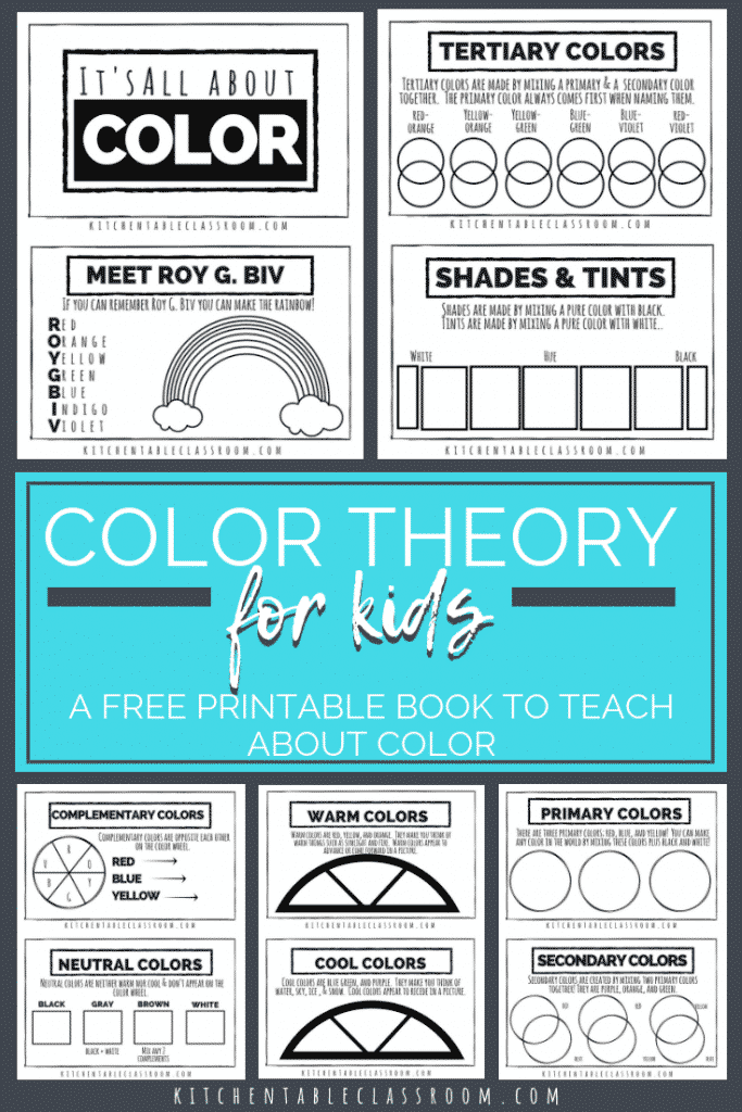 Use this printable color theory for kids book to teach the concepts of primary, secondary, tertiary, warm & cool colors, neutral colors, value, and more!