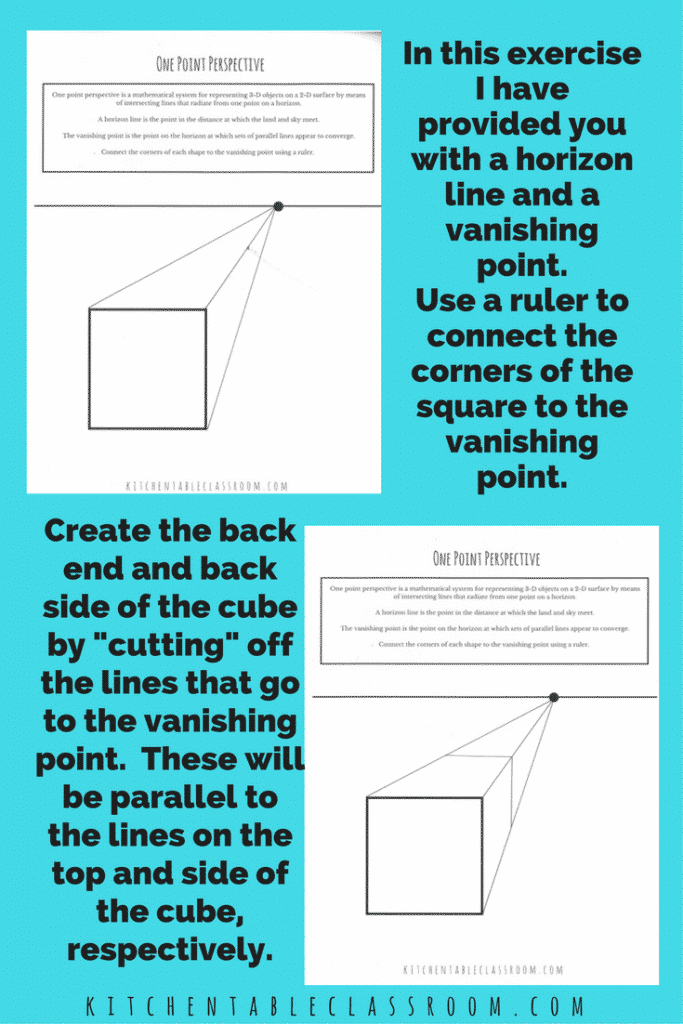 This introduction to one point perspective will take kid's drawings from flat to fat! Some vocabulary & a simple printable and they will be creating in 3-D!