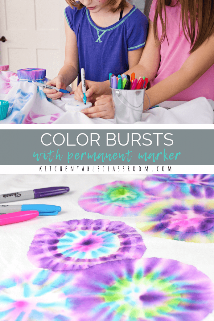 Use permanent markers & rubbing alcohol to create beautiful bursts of color on fabric. This Sharpie tie dye process is perfect for decorating t-shirts!