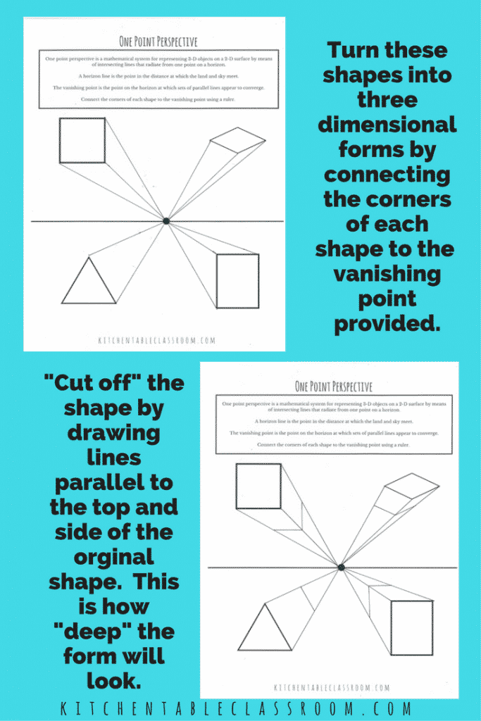 This introduction to one point perspective will take kid's drawings from flat to fat! Some vocabulary & a simple printable and they will be creating in 3-D!
