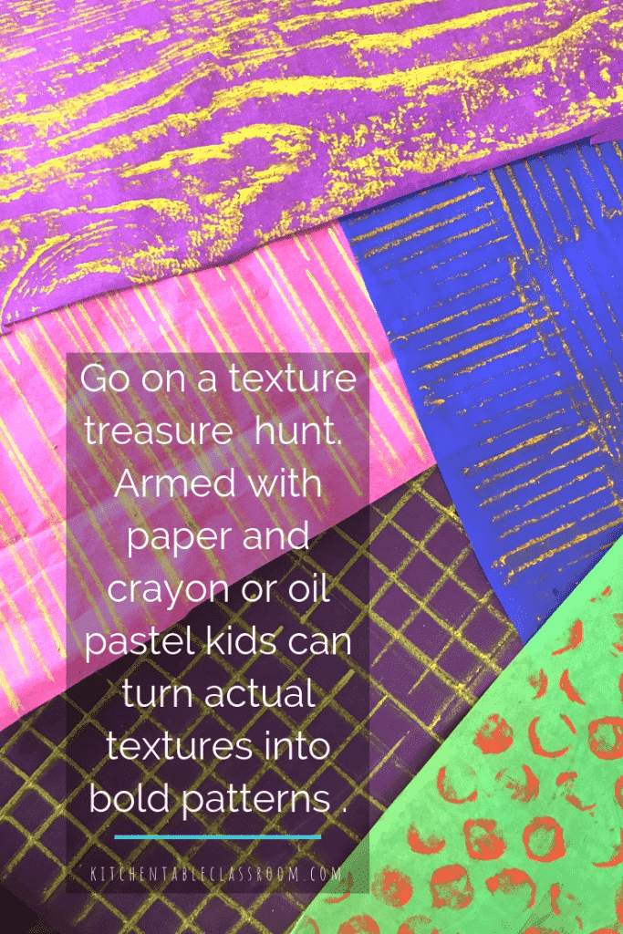 These texture rubbings translate actual textures into bold patterns using oil pastel and tissue paper. Learn about texture, rhythm, & contrast!