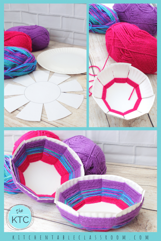 colorful yarn bowl made from a paper plate a free printable template