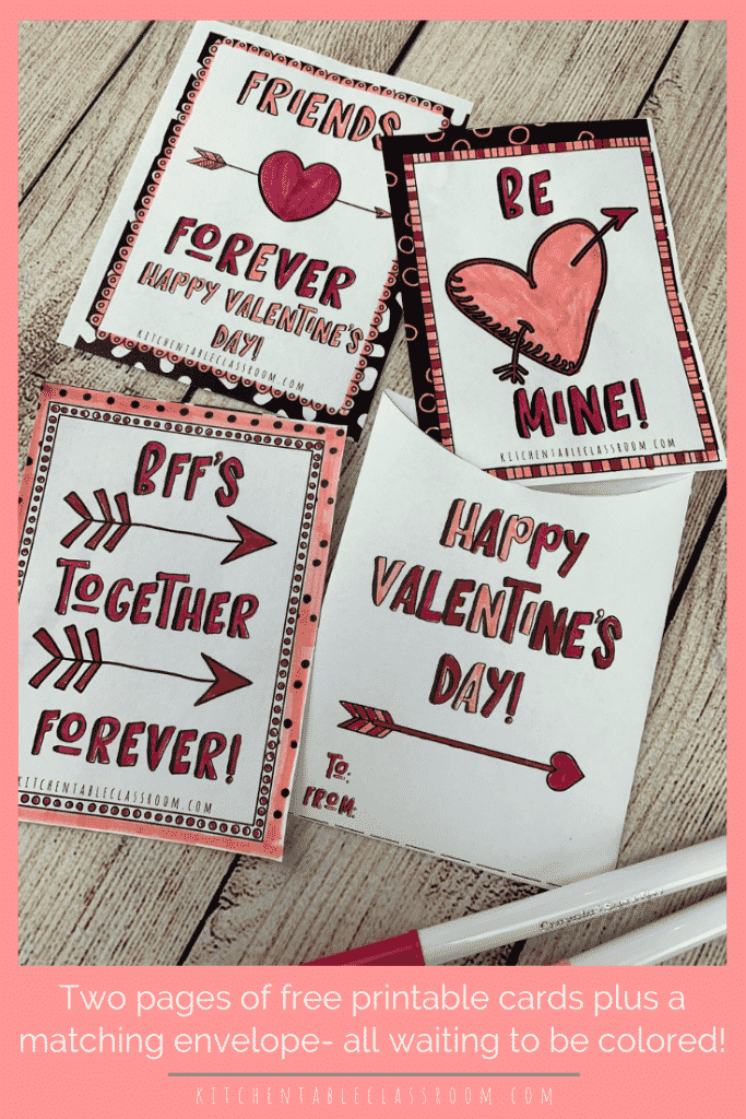 These printable Valentine cards print in black & white and add some colors with markers or crayons. An easy way to make homemade Valentine's cards for kids!