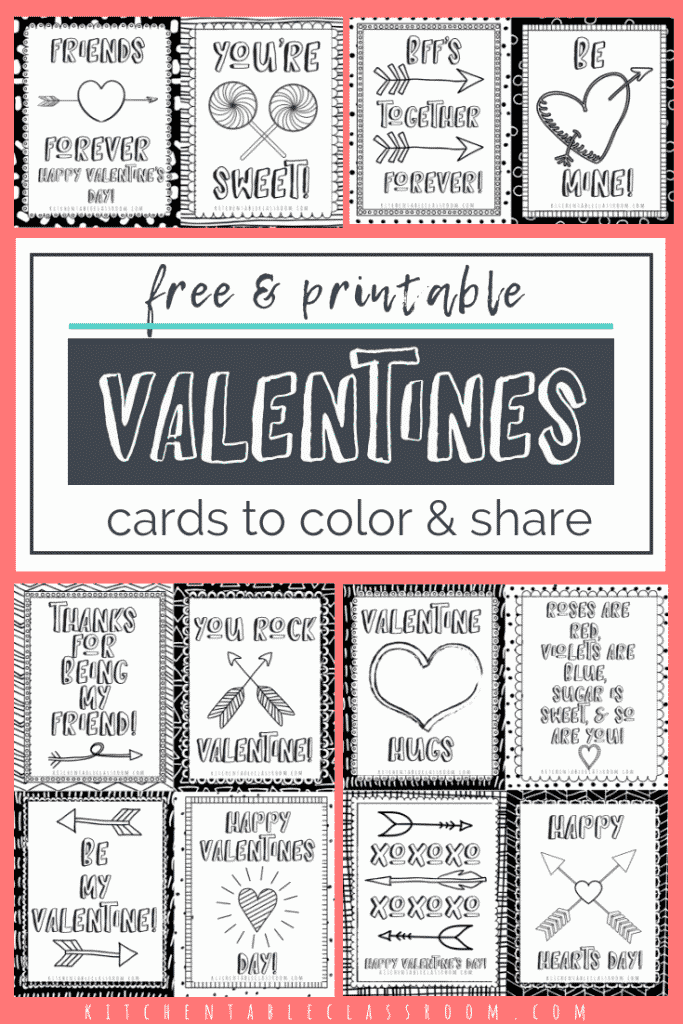 These printable Valentine cards print in black & white and add some colors with markers or crayons. An easy way to make homemade Valentine's cards for kids!