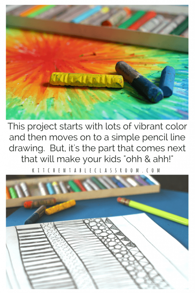 Starting with a page of brilliant oil pastel color allows for some color mixing fun.  Reverse oil pastel drawing with a focus on line exploration makes a pencil drawing go from simple to "Pop!"