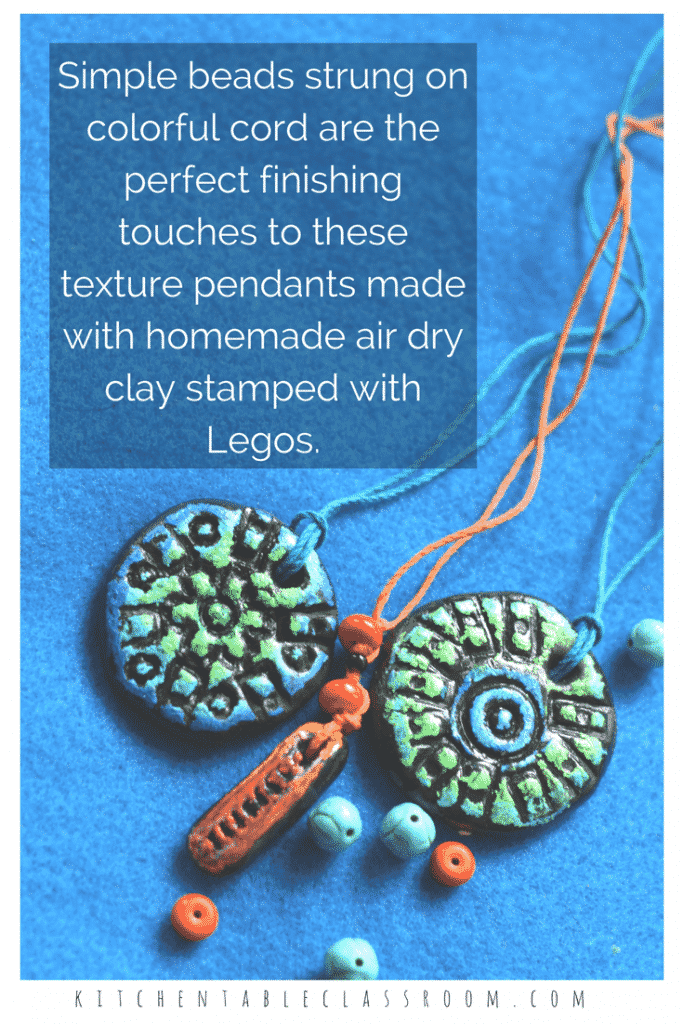 This clay pendant starts with the perfect air dry clay recipe & then uses Lego bricks to create texture. This is a great sensory experience as well as creating a sweet little keepsake pendant. A focus on the element of texture plus the experience of making air dry clay makes this a winning art lesson for home or class!