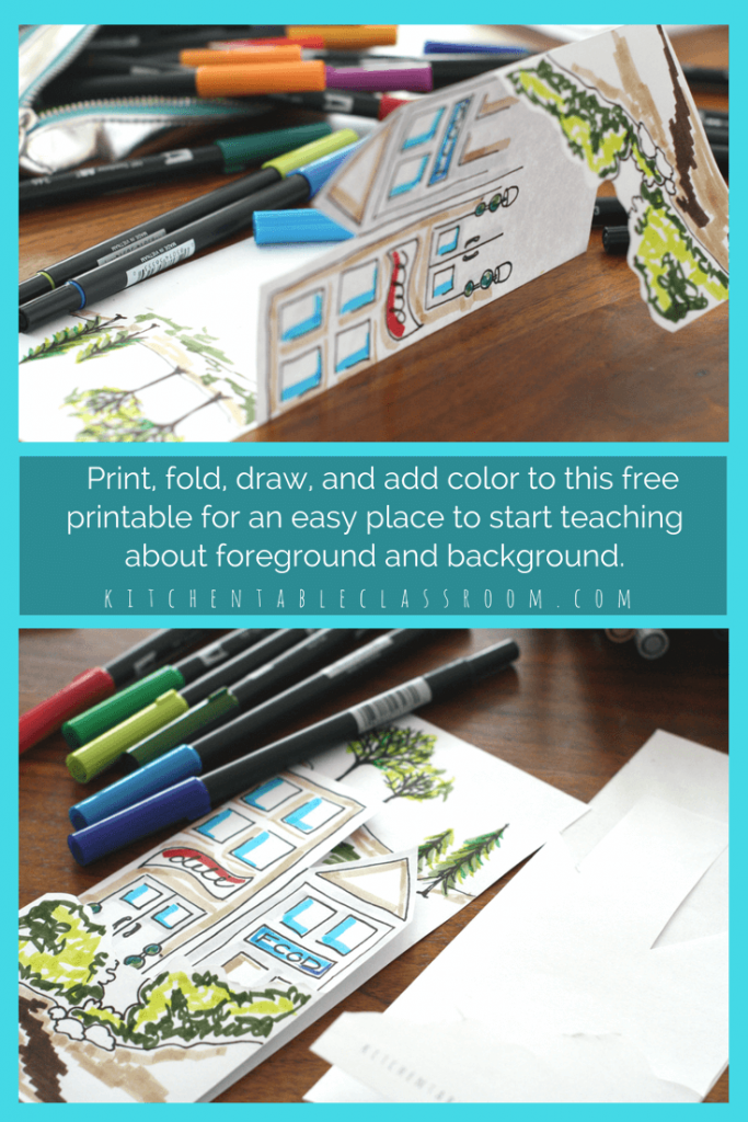 Teach the concept of creating space in an artwork through the use of the foreground middleground background. Use this free fold up printable to help!
