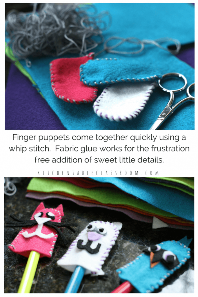 This sweet and simple DIY finger puppet project is the perfect first introduction to sewing.  A simple whip stitch is introduced while the little details are simply glued on to prevent frustration.  The fun of these little finger puppets will last long after the making is done. Playing with them may be the best part!