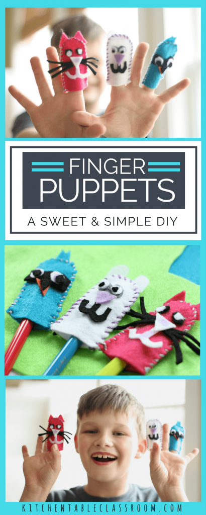 This sweet and simple DIY finger puppet project is the perfect first introduction to sewing.  A simple whip stitch is introduced while the little details are simply glued on to prevent frustration.  The fun of these little finger puppets will last long after the making is done. Playing with them may be the best part!
