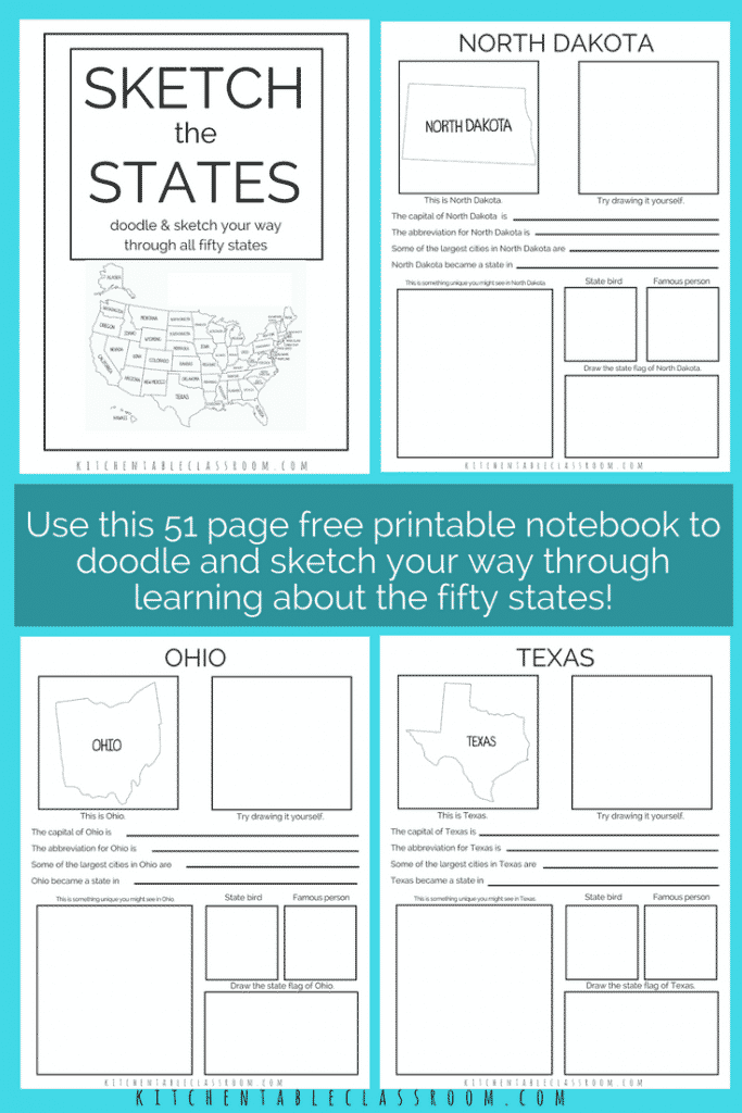 Learn the fifty states by sketching your way through them in this free printable book. One page per state means your kiddo will be learning state capitals, abbreviations, state flags, state birds, landmarks, and more! Sketch the fifty states is a free an easy addition to your geography lessons!