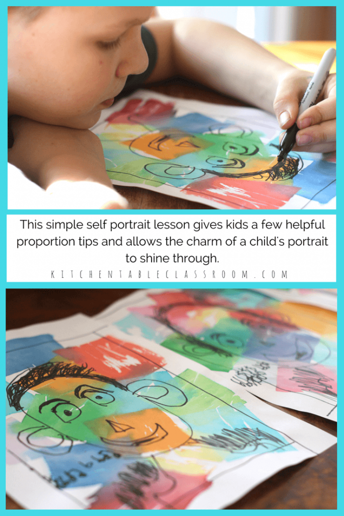 These self portraits for kids are a sweet and colorful introductions to what a self portrait really is.  A few guided drawing tips along with a bright, beautiful tissue paper background makes this art lesson a winner for any age. This is an easy art lesson that has results that shine with personality.