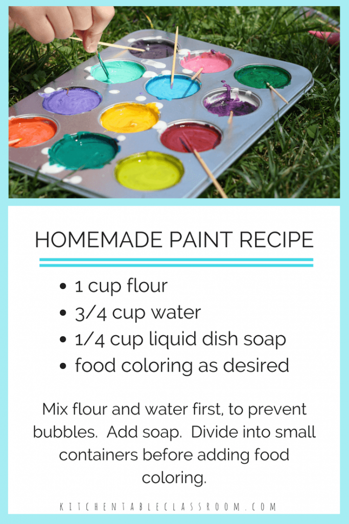 This DIY paint recipe is just as much fun to make as it is to paint with.  It only requires three simple household ingredients so it's not too precious to let kids help.  Let your little artist follow the recipe , make their own colors, and paint their imagination with this easy recipe!