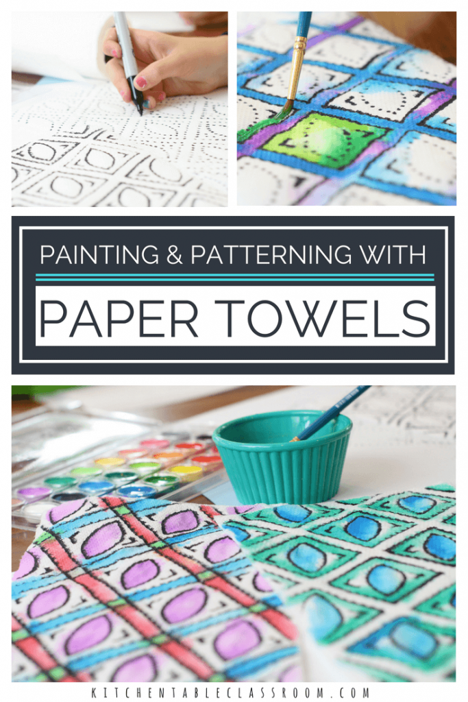 This paper towel painting painting uses everyday, household materials and turns them into something beautiful. Drawing and painting on an absorptive surface brings a new sensory aspect to the processes. So pretty, so fun, and so easy! 