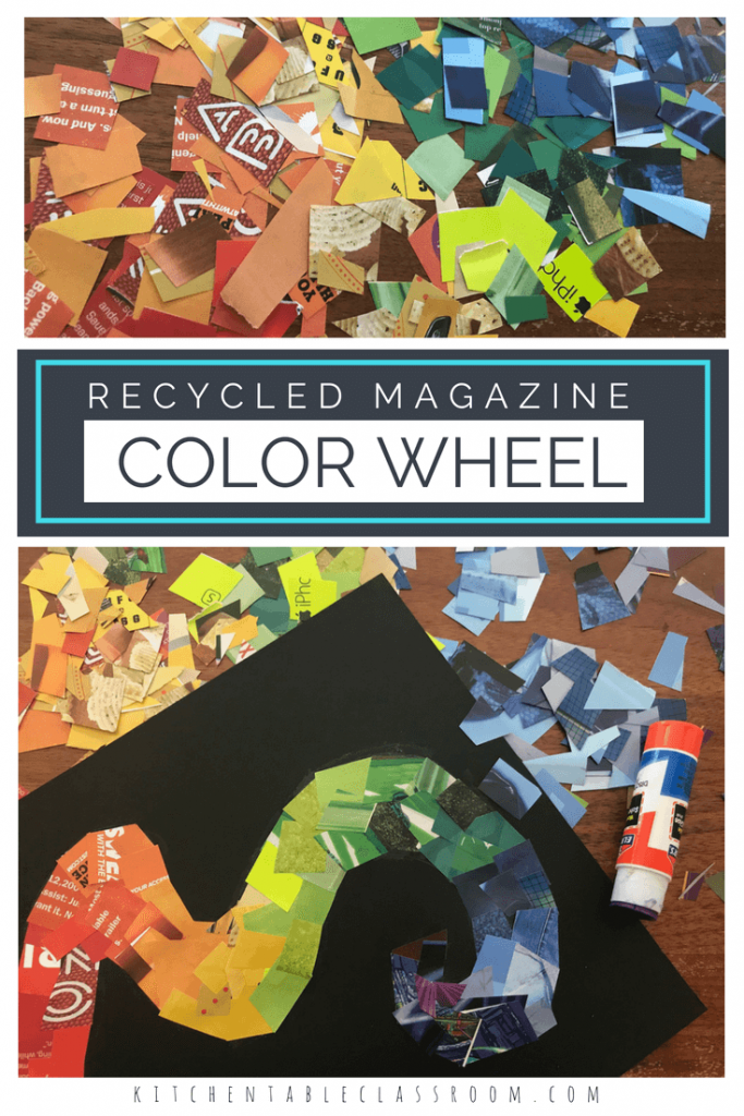 This rainbow color wheel collage lesson uses a material we all have laying around- magazines! Magazine pages provide a huge array of colors to build this creative color wheel. Kids get to see just how many of each color they can find and include for smooth transitions from color to color!
