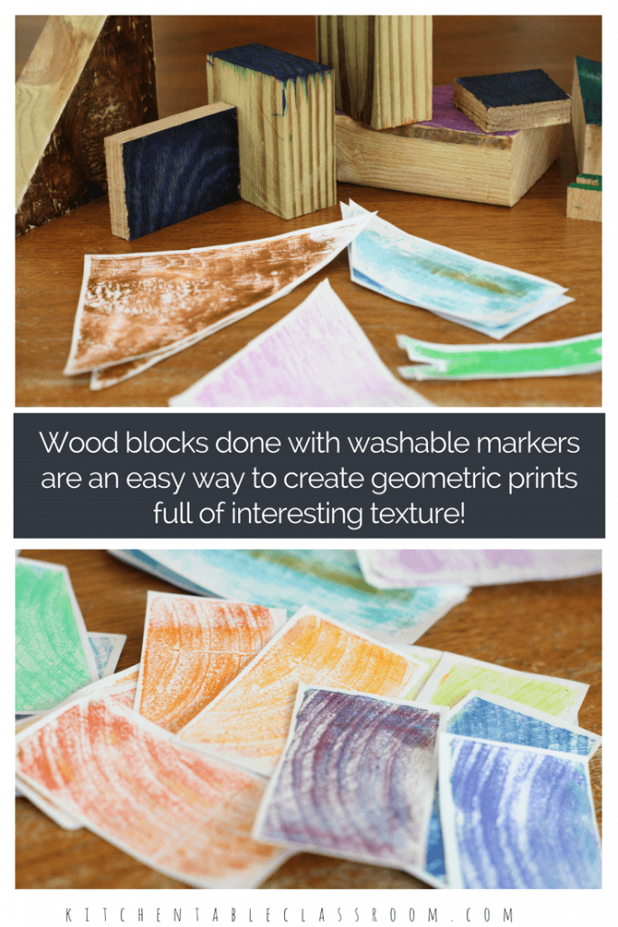 These block wood prints take a traditional printmaking process and put a kid friendly spin on it. Capture the texture of wood using scraps of wood and printing with them using washable magic markers. Use wood prints just like 2-D building blocks to create an architectural collage. 