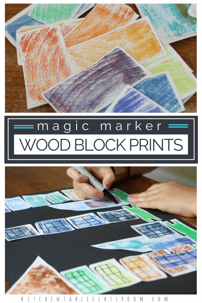 These block wood prints take a traditional printmaking process and put a kid friendly spin on it. Capture the texture of wood using scraps of wood and printing with them using washable magic markers. Use wood prints just like 2-D building blocks to create an architectural collage. 