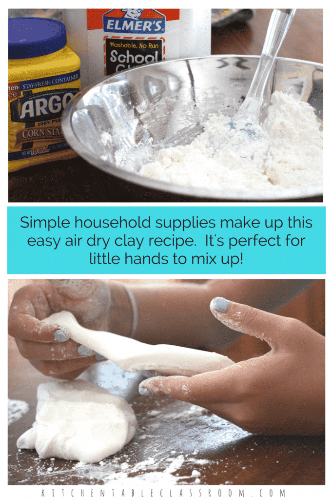 This colored clay comes together quickly and uses materials you already have at home. Air dry clay is perfect for making tiny gifts and trinkets, no kiln or baking required. Let your kids do the measuring and mixing for lots of great sensory opportunities!