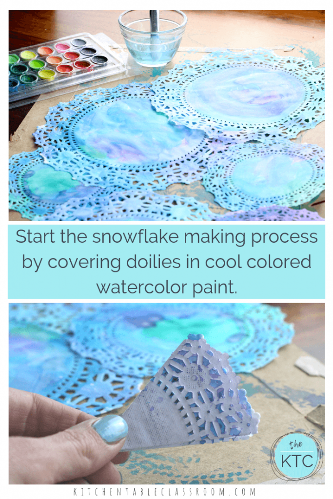 These dreamy doily snowflakes are perfect for making snowflakes with young kids just building scissor skills. Cool watercolors add extra interest and fun!
