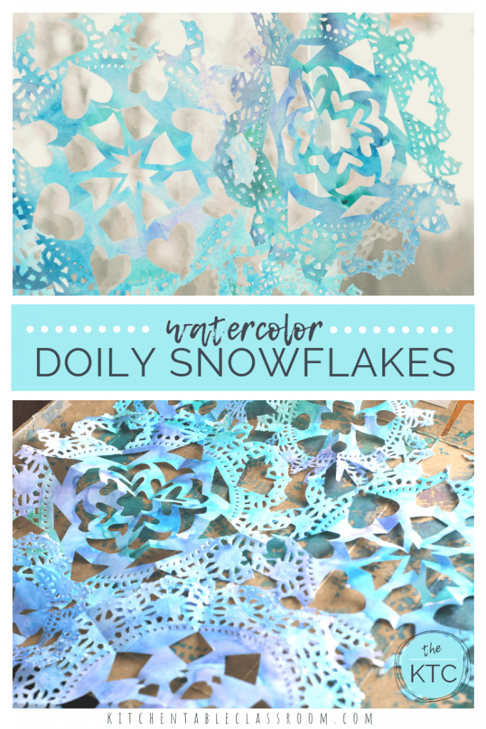 These dreamy doily snowflakes are perfect for making snowflakes with young kids just building scissor skills. Cool watercolors add extra interest and fun!