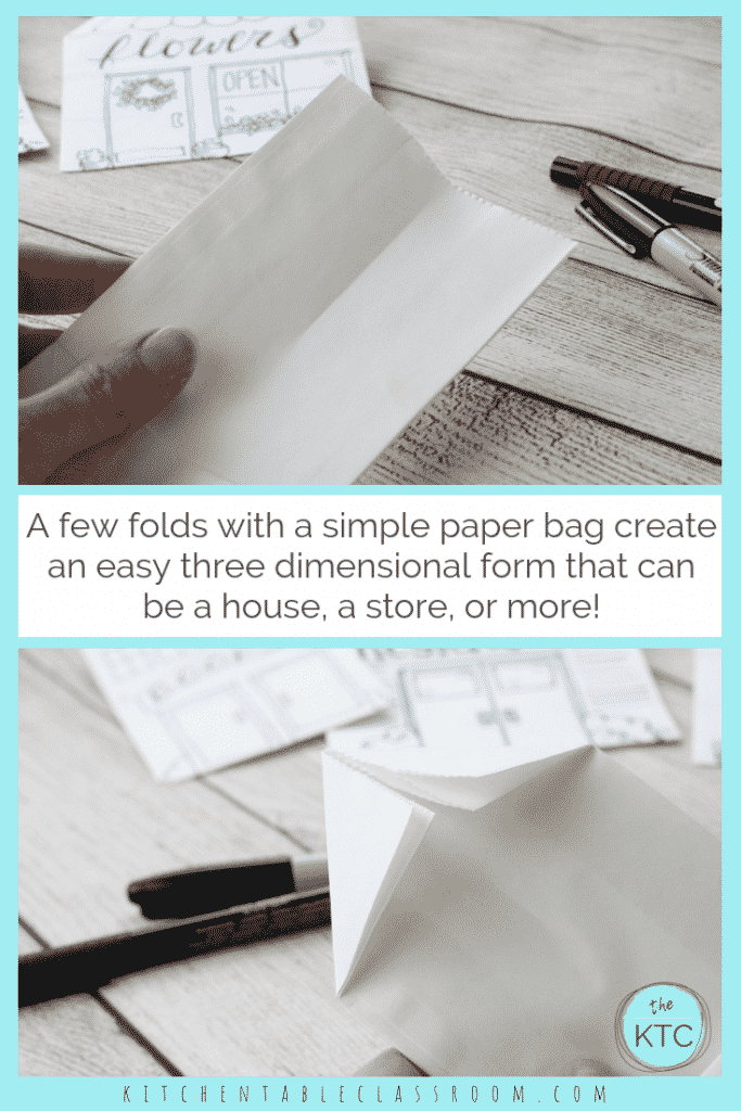 A few folds of a paper bag and you get these pop up, three dimensional houses. Making is just the beginning of the fun with this paper bag craft. Now play!