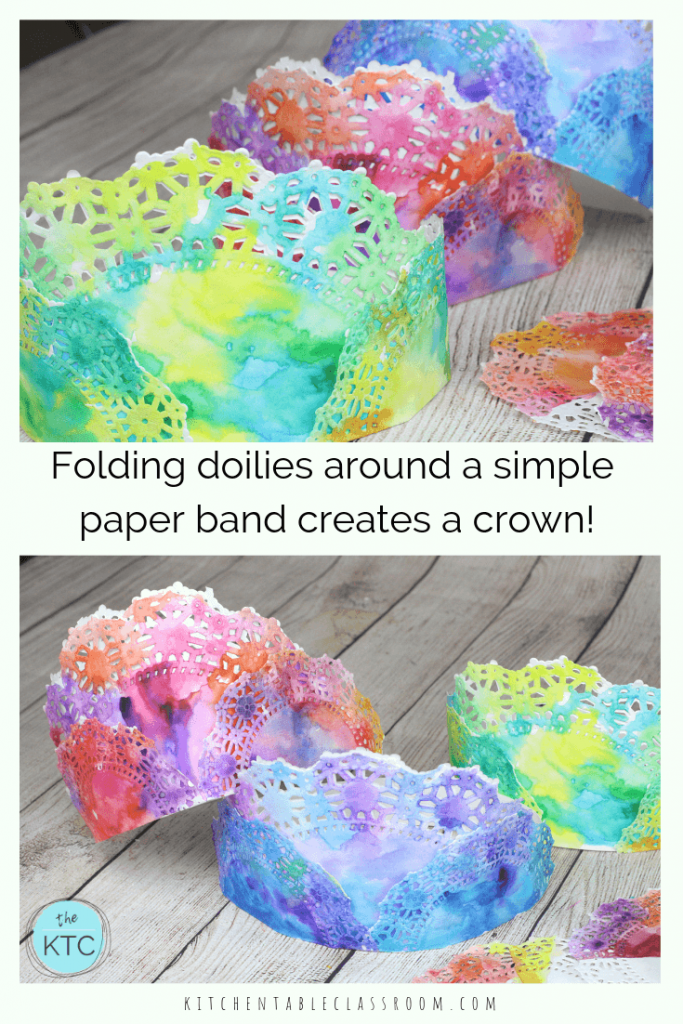 Make these colorful painted crowns perfect for any celebration or play date. All you need are doilies and watercolors for these DIY paper crowns.