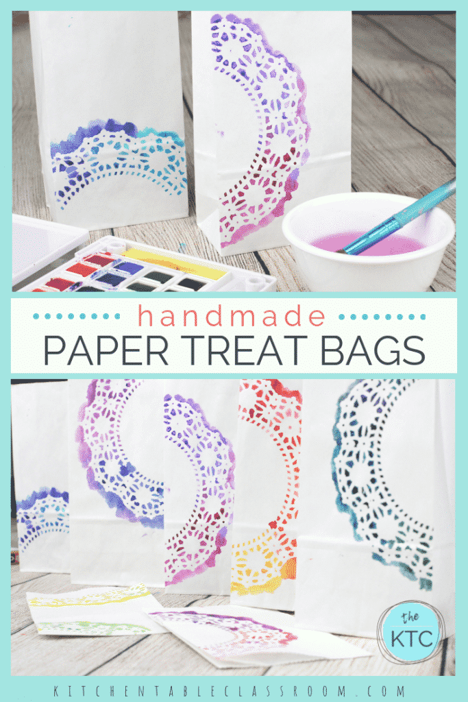 These hands printed paper treat bags are perfect for Valentine's bags and more. Paper doily stencils make these DIY gift bags a treat in themselves. 
