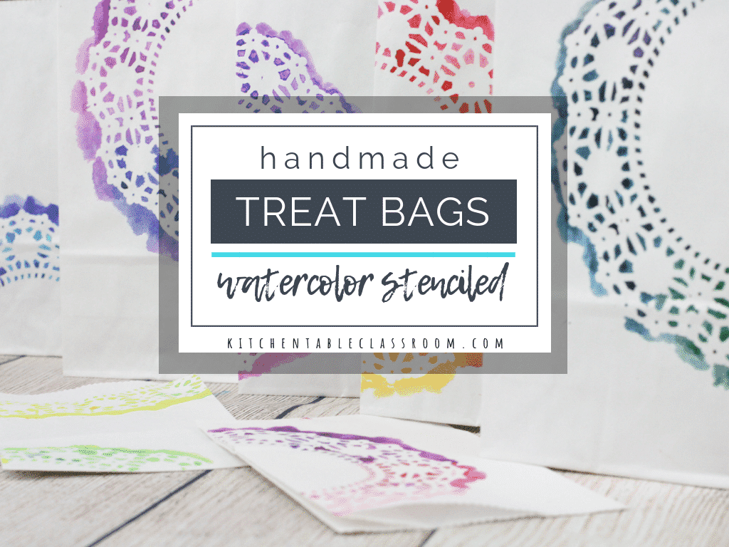 These hands printed paper treat bags are perfect for Valentine's bags and more. Paper doily stencils make these DIY gift bags a treat in themselves.