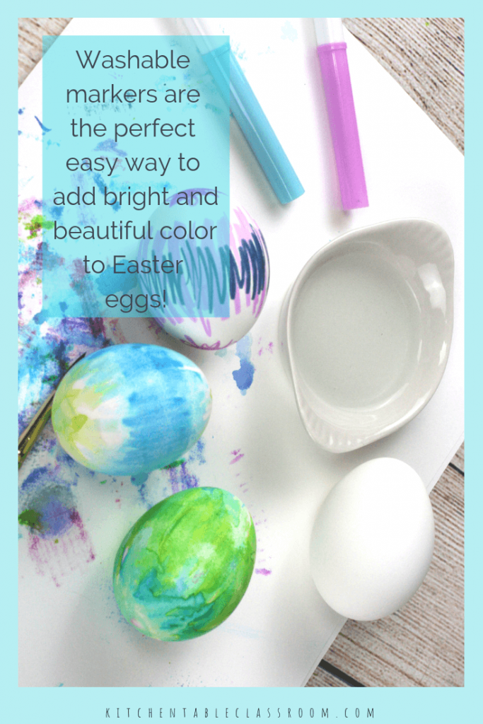 Learn how to decorate Easter eggs with washable markers! Three easy ways to make Easter eggs result in vibrant watercolor like eggs!