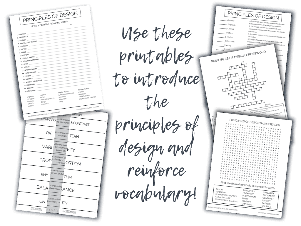printable black and white worksheets to teach the principles of design to kids
