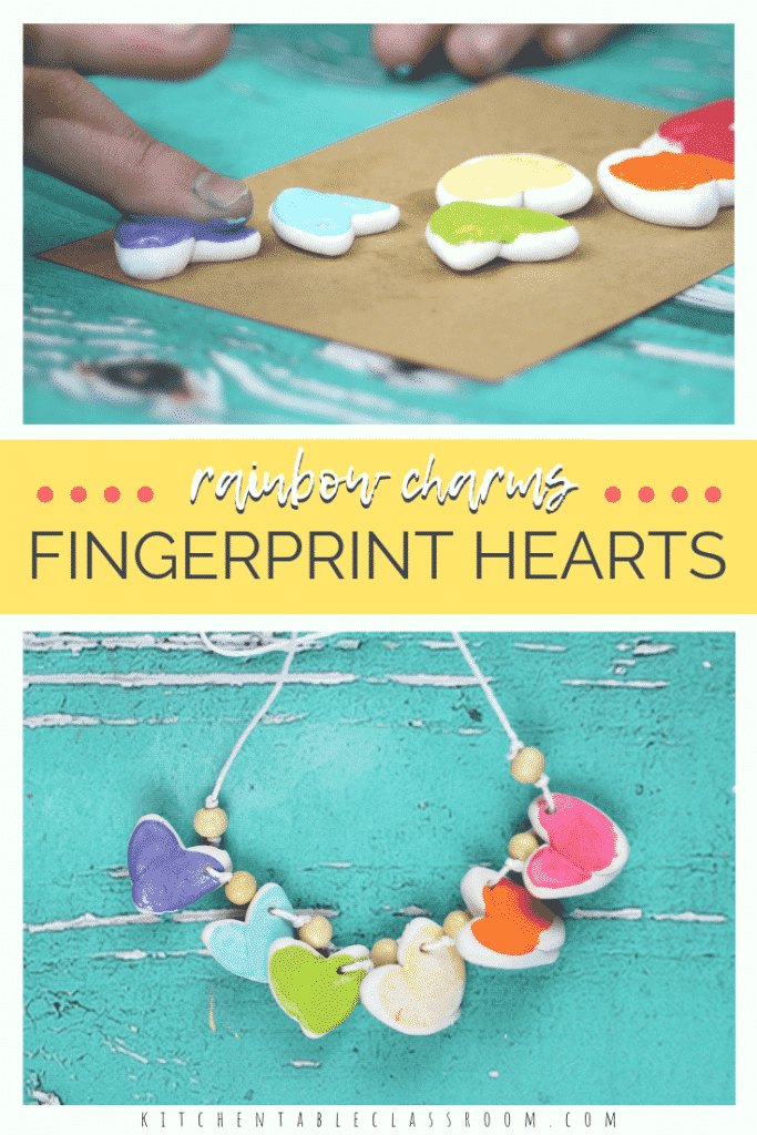 Make these colorful fingerprint charms with polymer clay. Perfect for a necklace or keychain- these heart charms make a perfect homemade gift! #kidscrafts