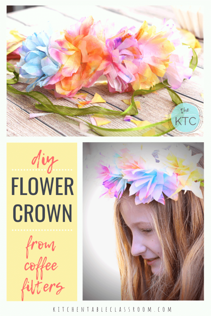 This flower tiara uses flowers that you won't believe are made from coffee filters to create DIY flower crowns. Flower headbands are perfect for a day of play!