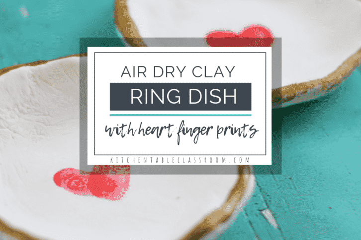 A simple air dry clay recipe gets these ring holder dishes started. This heart fingerprint craft makes a ring dish perfect for a keepsake gift!