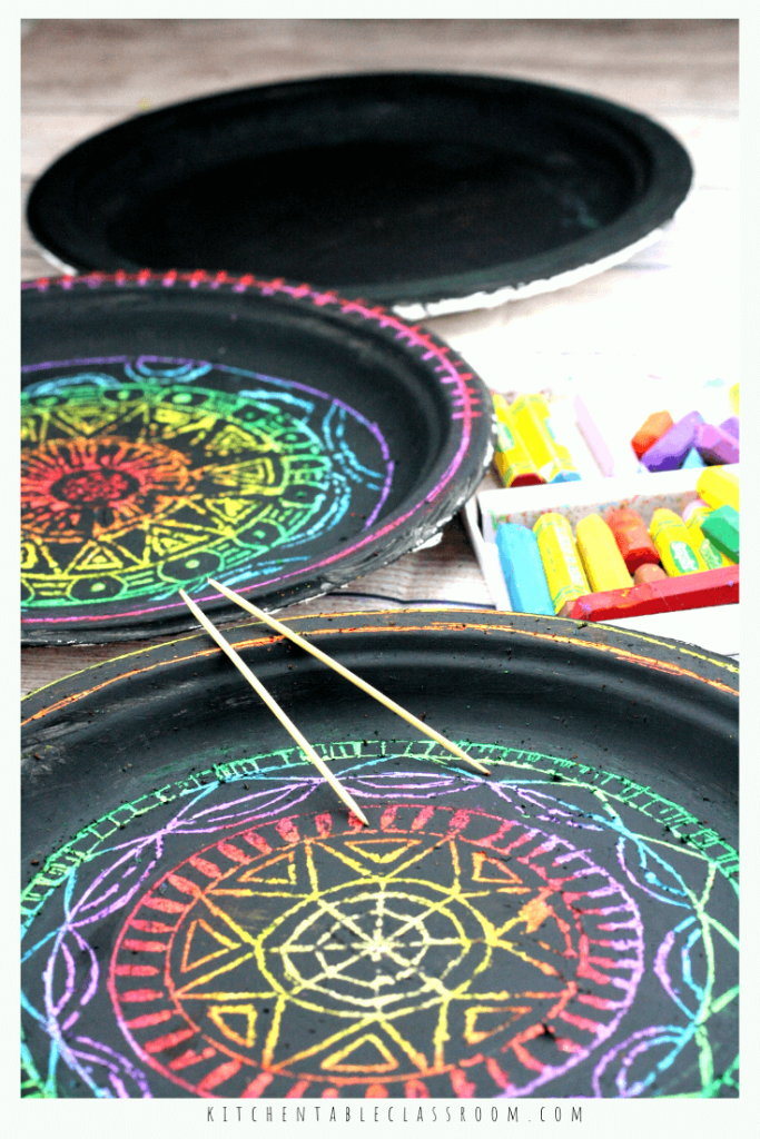 Make your own DIY scratch art with this simple paper plate mandala project.  Oil pastels and black tempera paint team up for a simple mandala that "pops!"