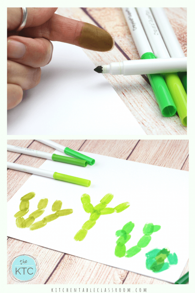 Create your own cactus drawing with washable marker fingerprints and a few fun doodles. All you need are washable markers for this easy kids drawing lesson! 