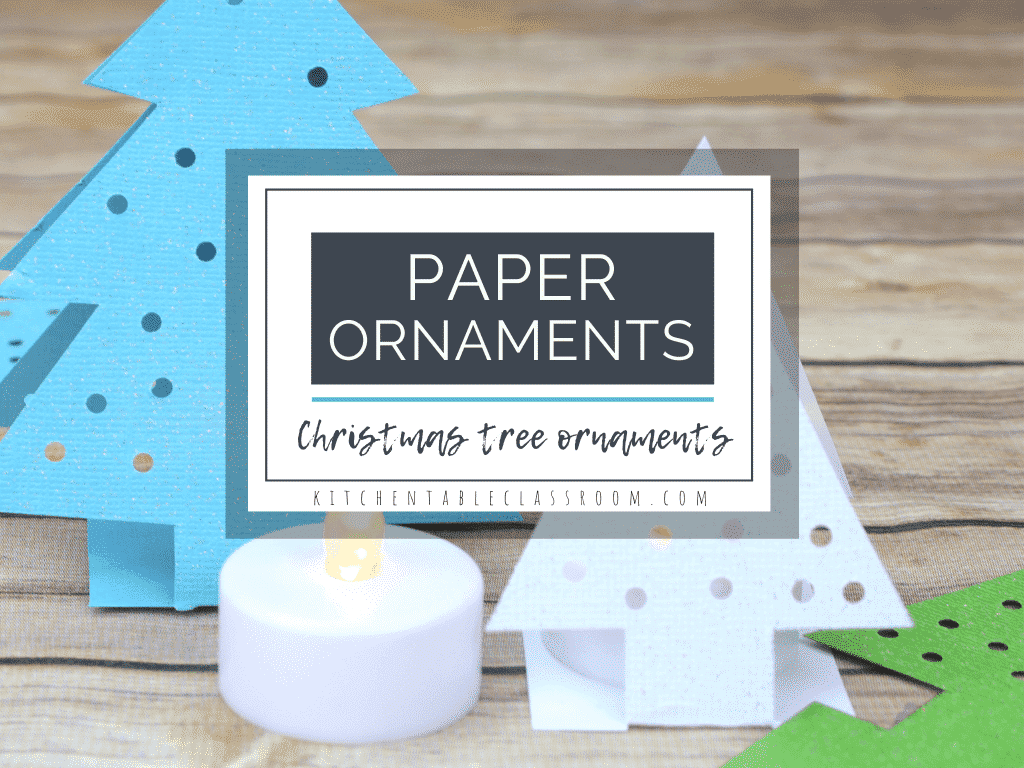 These paper Christmas tree ornaments come together quickly with just card stock! This easy Christmas craft for kid is perfect on the mantle or holiday table