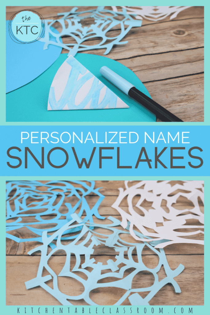 Try this twist on old fashioned cut paper snowflakes by making these fun name art paper snowflakes.  This easy winter art project is simple and fun!