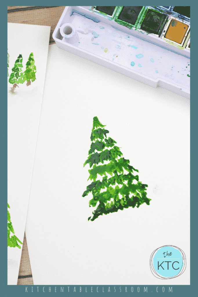 Use this step by step video tutorial create your own pine tree painting. Grab the watercolor paints and start painting! #paintingforkids #watercolorsforkids