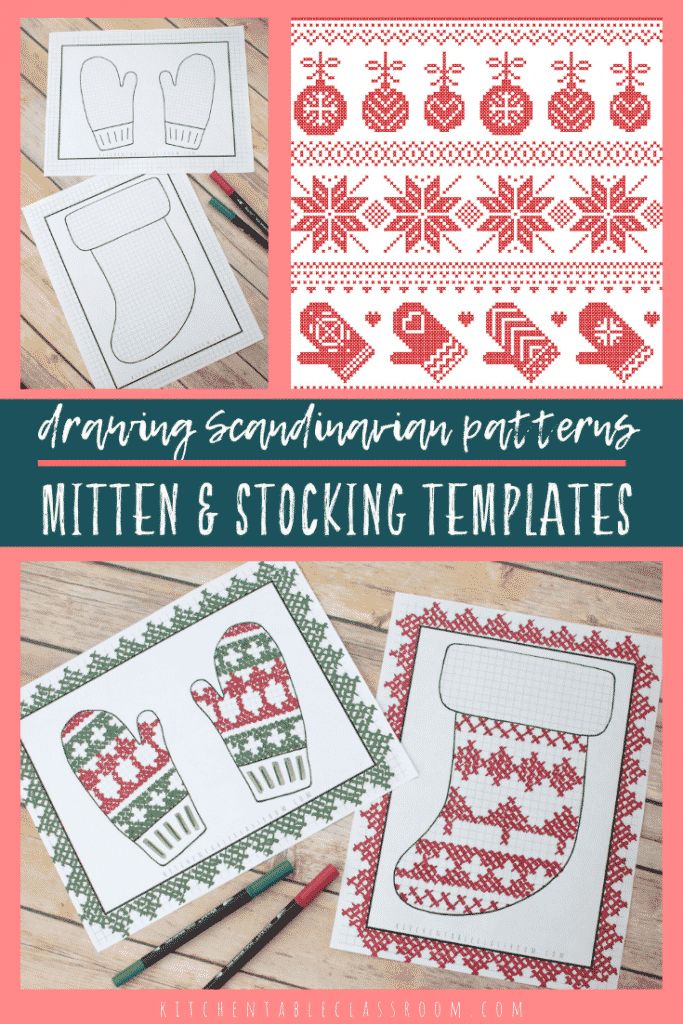 Draw Scandinavian patterns on these free mitten and stocking templates. #Scandinaviancrafts #stockingcrafts #mitten crafts #TheMIttencrafts