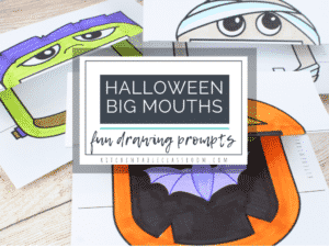Big mouth Halloween drawing prompts include a jack o'lantern, a mummy, a vampire, and a Frankenstein face.