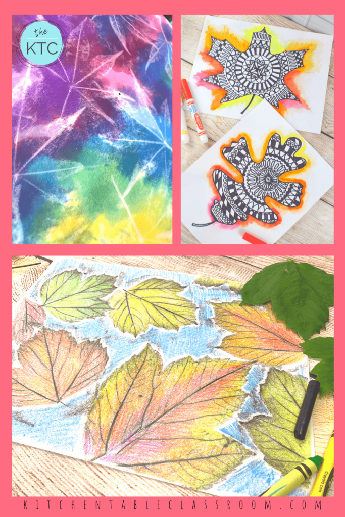 crayon leaf rubbing, watercolor leaf resist, leaf mandala drawing